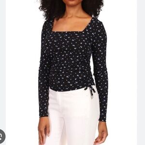 Michael Kors Black Floral Print Side Ruched with Gold Logo Ties Top Size L